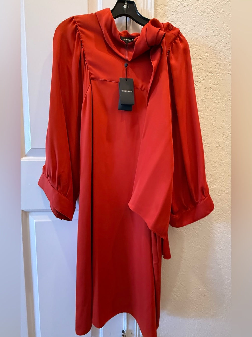 NWT Giorgio Armani Silk Elegant Red Mulberry Silk Tie-Neck Dress